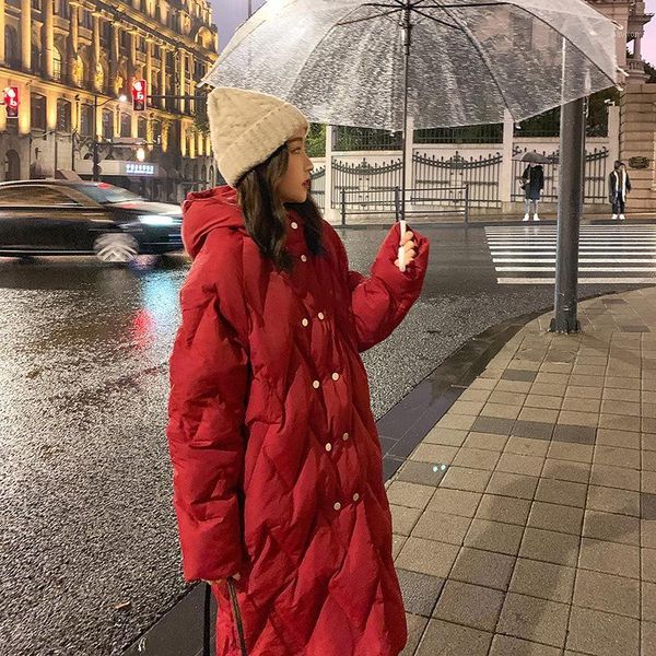 

red down jacket women's diamond plaid white duck down medium length 2020 new slim knee length fashion1, Black
