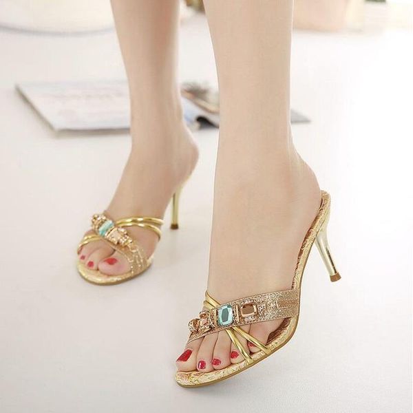 

elegant fashion heels women sandals gold silver heels slippers women summer shoes rhinestone slides for shoes high heel1, Black