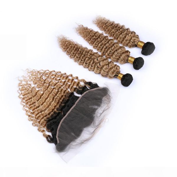 

deep wave #1b 27 light brown ombre lace frontal closure 13x4 with weaves 3bundles honey blonde ombre indian virgin hair wefts with frontal, Black;brown