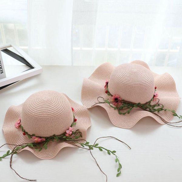 

wide brim hats women girls summer beach straw sun hat bowknot flower rattan wreath mother daughter uv protection bucket cap 5 colors, Blue;gray