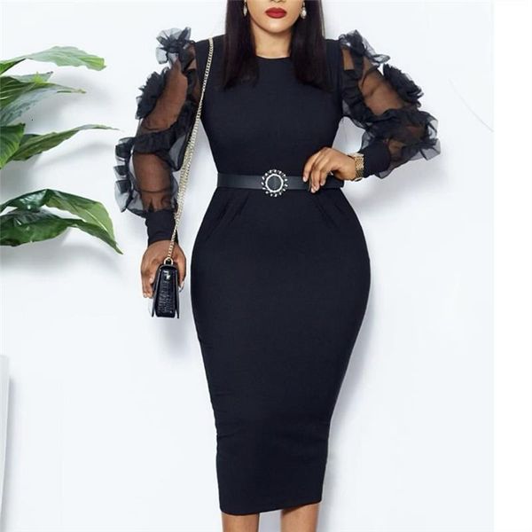 

black dress o neck transparent mesh long sleeves ruffle classy women elastic elegant office ladies modest female african fashion, Black;gray