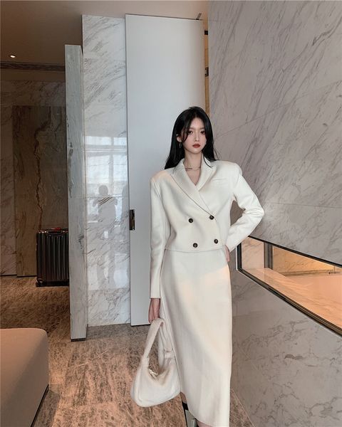 

2021 new elegant female 2 piece of solid woolen double-breasted short breasted suits mid-calf the line comes out winter jx3b, Gray