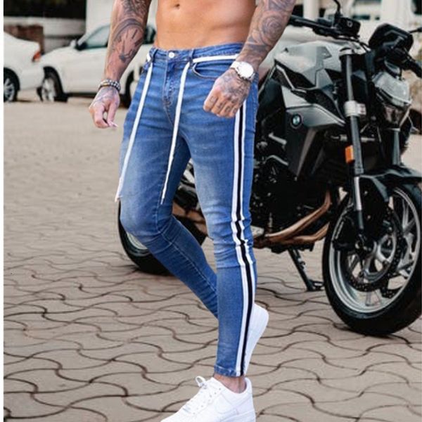 

2021 new men's striped skinny zipper jeans washed vintage hip hop action pants slim print european big -4xl kbhg, Blue