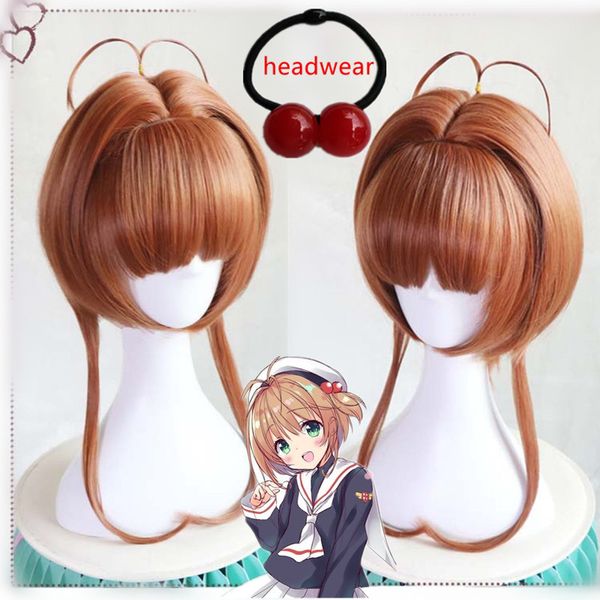 

costume accessories card captors wigs sakura kinomoto wig light brown heat resistant synthetic hair cosplay wig + wig cap + red balls hairba, Silver