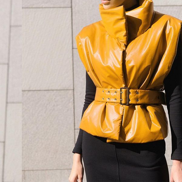 

women's vests faux leather warm sleeveless women's vest stand collar belt pu female 2021 winter sliod fashion ladies outerwear1, Black;white