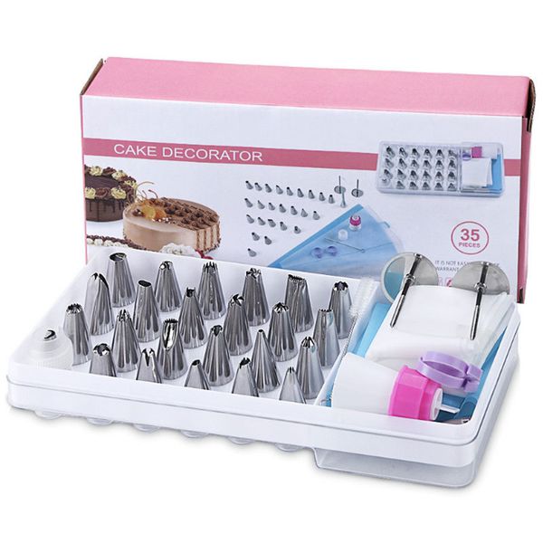 

35pcs украшение наборы торт инструменты из нержавеющей стали для выпечки поставки обледенения советов с кондитерским мешком dhf2912