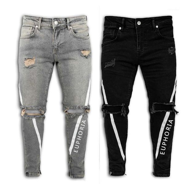 

men's skinny stretch denim pants distressed ripped freyed casual fit fashion printing the locomotive jeans trousers men hip-hop1, Blue