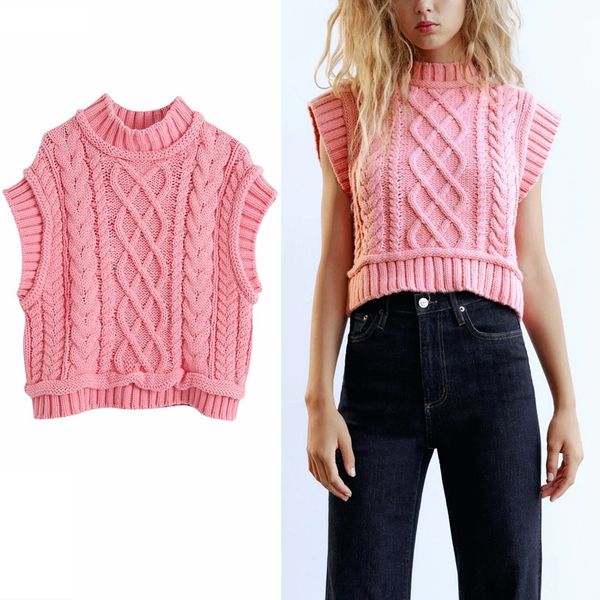 

za knit sweater vest women high collar sleeveless cable knitted female chic casual autumn pink pullover y201128, White;black