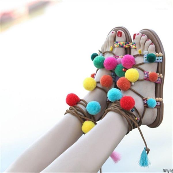 

new cute melange pompom bohemian sandals woven lace-up thong flat shoes gladiator ladies sandals beach shoes women1, Black
