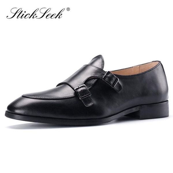 

2020 stylish genuine leather formal dress office man monk straps shoes pointed toe handmade men's wedding party loafers mt113, Black