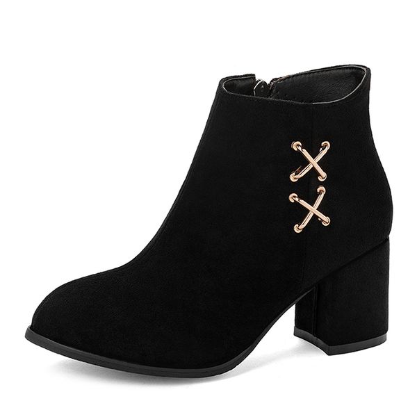 

2021 the new party style round toe ankle fashion metal decoration black zipper with high heels robust riding boots women's shoes a3yu