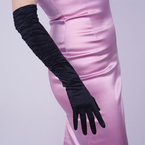 

elegant satin black long thin full finger dress gloves women retro pleated elastic silky pearlescent driving warm glove k50, Blue;gray