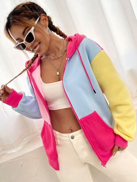 

colorblock zip up hoodie q2mk#, White;black