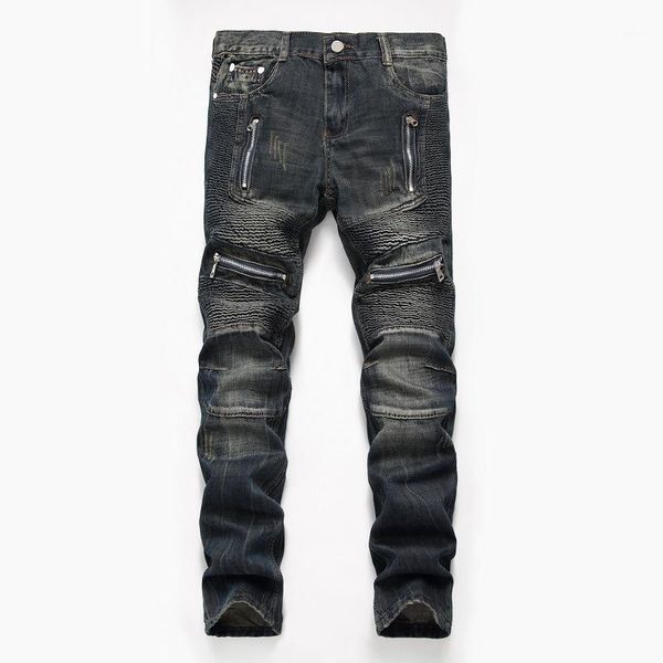 

denim designer moto bike straight jeans for men's size 28-38 40 42 2020 autumn spring hip hop punk rock streetwear trouers1, Blue