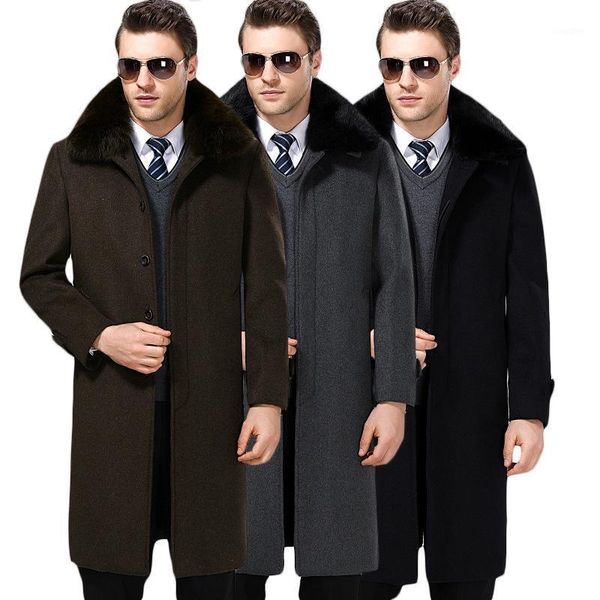 

2020 winter cloth coat high-end men's middle-aged and old male long wool and velvet thickening warm coat dust1, Black