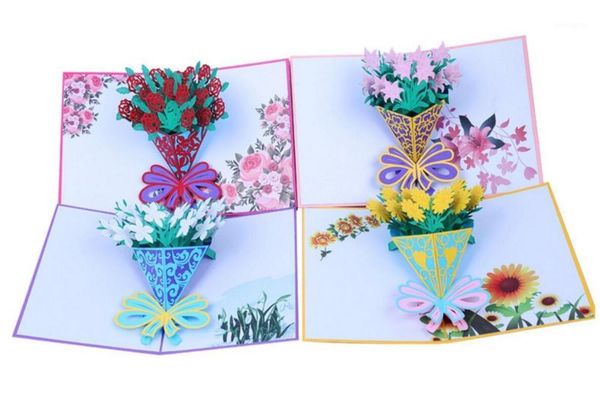 

10pcs 3d red rose/lily/sunflower/narcissus flower handmade kirigami origami invitation cards greeding birthday card postcard1