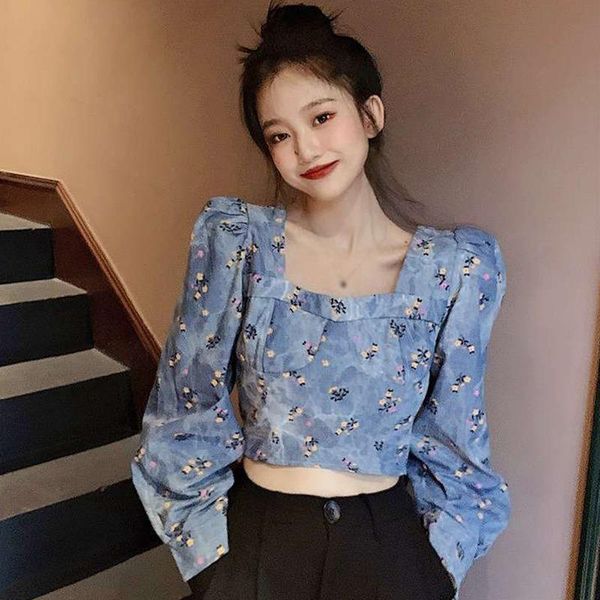 

women's blouses & shirts women retro floral square collar autumn sweet exposed navel female long sleeve denim shirt, White