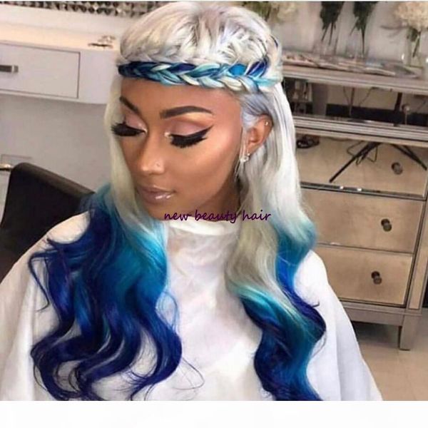 

high temperature fiber glueless brazilian hair peruca long body wave white grey ombre blue synthetic lace front wig for white black women