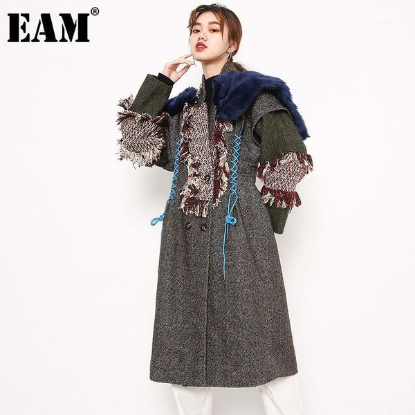 

[eam] gray fur split joint tasssles long warm woolen coat parkas new long sleeve women fashion tide autumn winter 2021 jk66905m1, Black