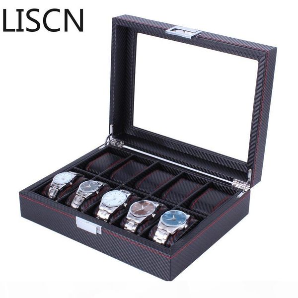 

high carbon fiber 5 6 10 12 grid watch box watch display storage box bracelet display slots case holder storage container, Black;blue