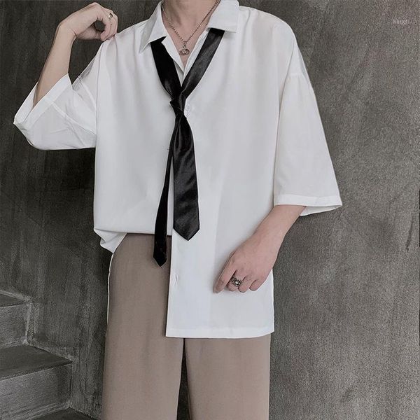 

summer dress shirt men's fashion social men shirt solid color business casual streetwear loose korean short-sleeved1, White;black