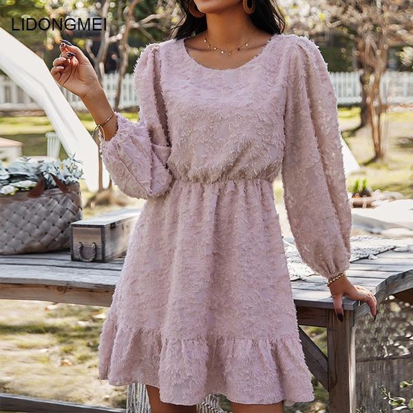 

ladies high waist lantern sleeve dress spring long solid elegant mini women fashion o-neck pink print clothes femal, Black;gray