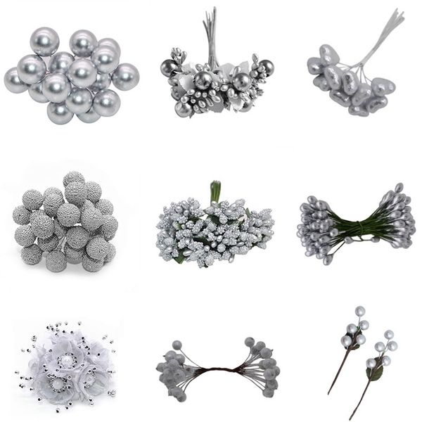 

mix silver artificial flowers cherry stamens berries bundle diy christmas wedding cake gift box wreaths decoration