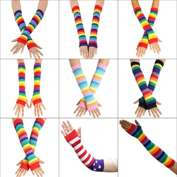 

women girl knitted over elbow long arm warmers us flag rainbow stripes patchwork fingerless gloves with thumb hole party costume, Blue;gray
