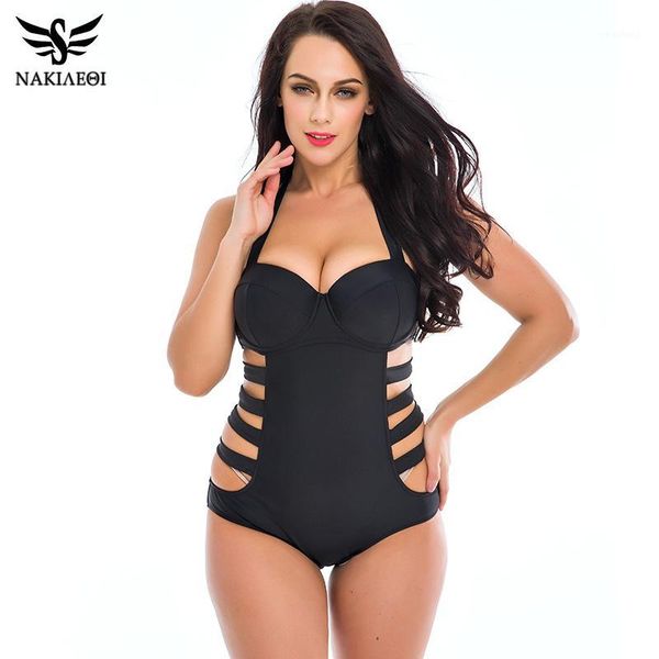 

women's swimwear wholesale- nakiaeoi 2021 one piece swimsuit bandage for women cut out halter monokini bathing suits bodysuit plus size, White;black