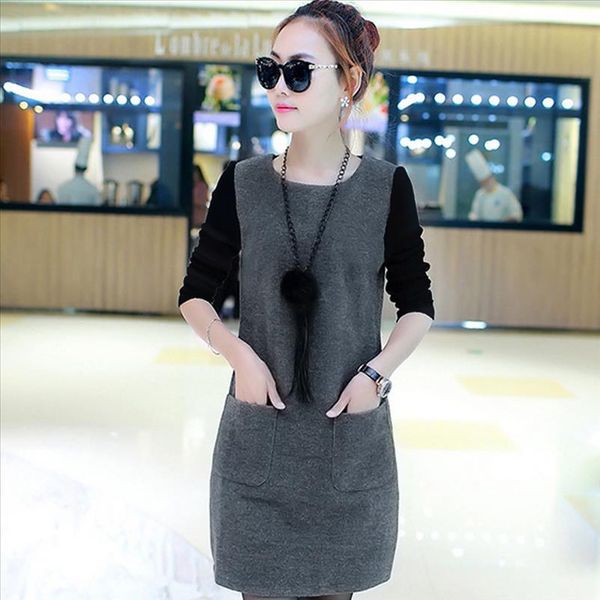 

women loose long sleeve splice pocket o neck plus velvet padded dress 2021 solid plus size winter women mini dress mujer dz, Black;gray