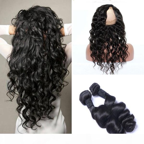 

brazilian virgin hair with closure 360 frontal with bundles loose wave virgin hair pre plucked full 360 human hair bundles, Black