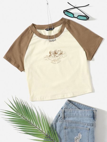 

letter and angel print raglan sleeve tee f0wd#, White