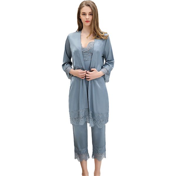 

2021 new women's autumn spring silk pijamas sets elegant solid female nightgown with lace casual sleepwear ladies homewear 827v, Black;red