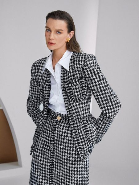 

raw edge houndstooth pattern tweed overcoat i5uq#, Black