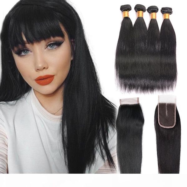 

7a grade malaysian hair bundles with closure natural color straight virgin human 4 bundles with closure 100% human hair non remy weft, Black