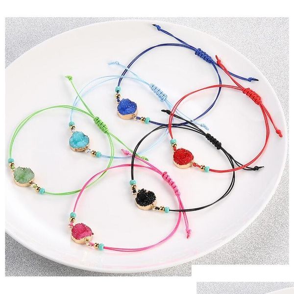 

handmade druzy resin stone bracelet make a wish card wax rope braided bracelets bangles with rice bead for women girls summer beach 0xgd0, Golden;silver