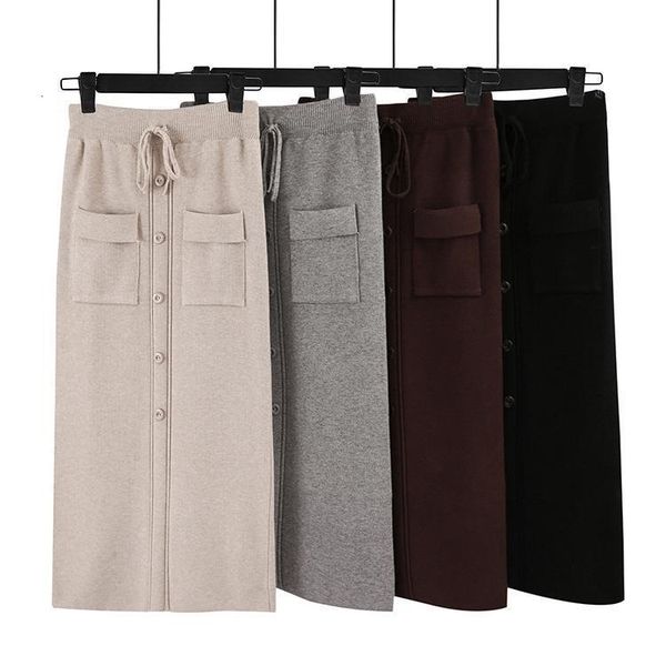 

hlbcbg women elastic waist drawstring skirts knitted medium long skirts autumn winter midi tutu skirt with pocket & button 2019, Black