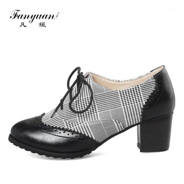 

fanyuan retro mix color square heel pumps fashion round toe high heels lace-up shallow women pumps casual grid pattern shoes1, Black