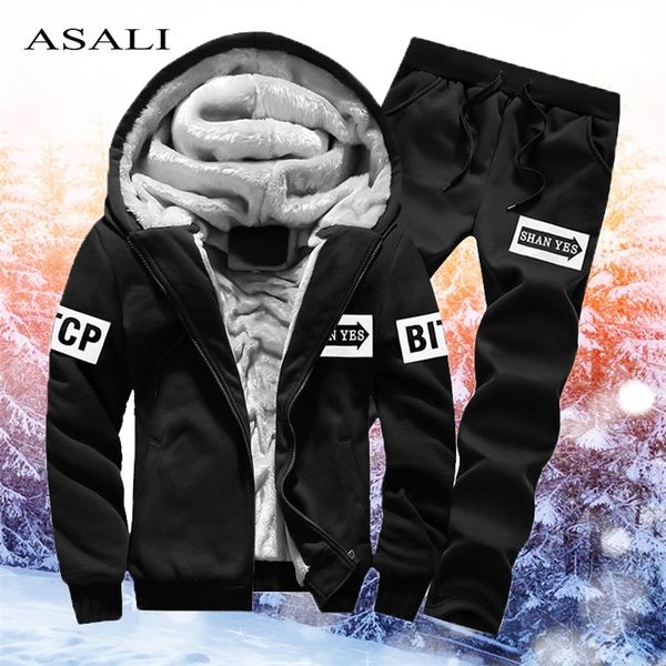 

men's winter tracksuits sets sportswear men fleece hooded sweatshirt+sweatpants 2 pieces sets male casual thicken streetwear lj201126, Gray