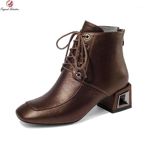 

original intention new elegant women ankle boots leather square toe square heels boots black bronze shoes woman us size 3-10.51