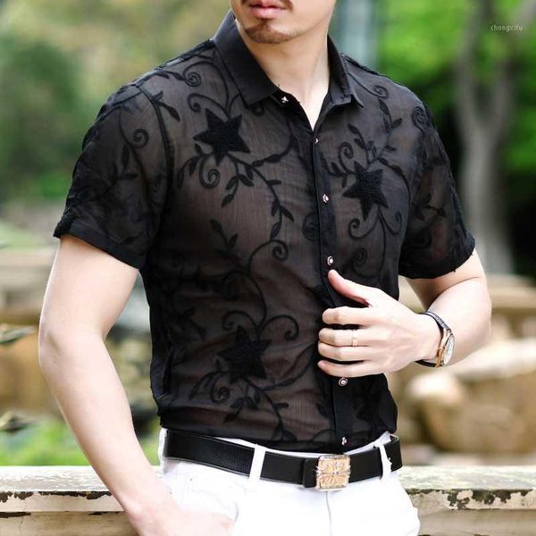 

star printing transparent shirt men see through shirt club designer chemise homme camisa hombre short sleeve1, White;black