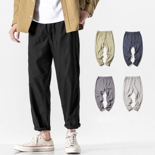 

pants men plus size japanese streetwear ankle-length trousers mens fashion solid black khaki all match youth bottom baggy pocket1