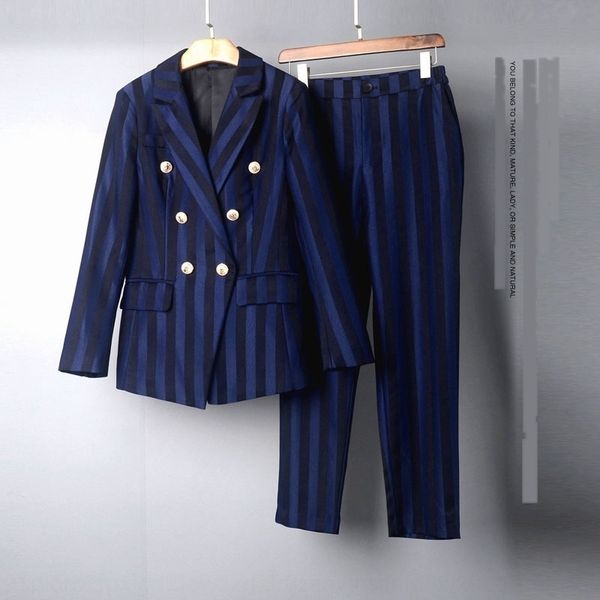 

two piece autumn 2020 women's new lapel two-piece suitsuit double breasted vertical stripe blue suit gc5831 ymiqd, Gray
