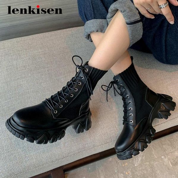 

lenkisen knitting boots natural leather mixed cloth european design round toe thick high heel lace up platform ankle boots l75, Black