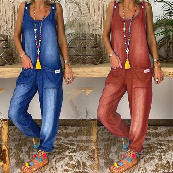 

women's jeans wepbel overall summer denim pants loose sleeveless fashion wide leg jumpsuit overalls, Blue