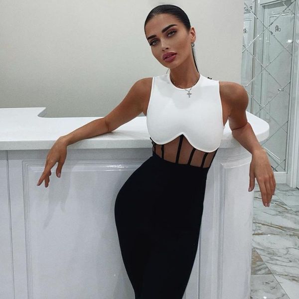

beaukey 2020 autumn women sleeveless bandage jumpsuit club vestidos black white mesh lady bodycon bodysuit party celebrity china1