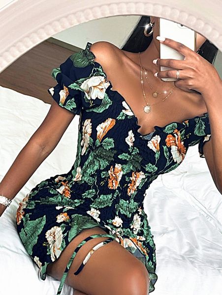 

sxy allover floral shirred drawstring front bodycon dress b8op#, Black;gray