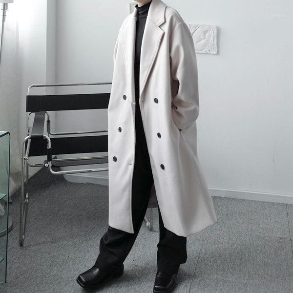 

korean style woolen coat men's fashion casual oversize long coat men streetwear loose double-breasted woolen mens overcoat1, Black