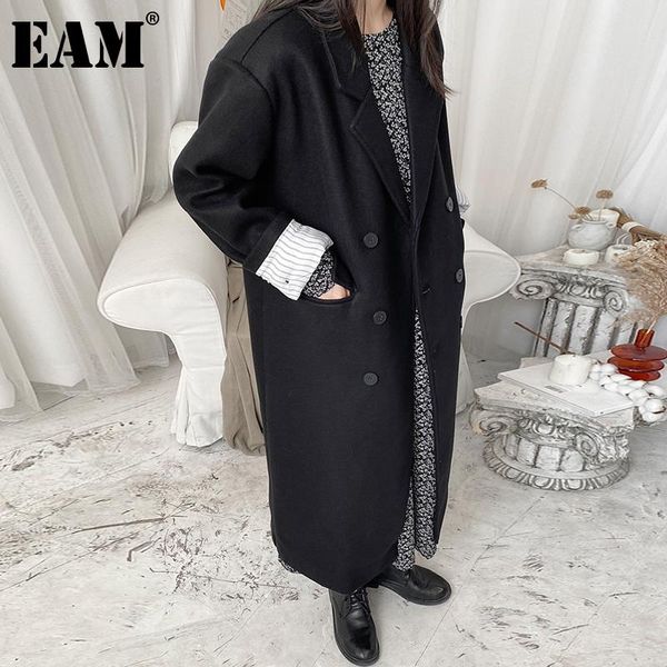 

women's wool & blends [eam] loose fit big size black woolen coat parkas notched collar long sleeve women fashion tide autumn winter 202