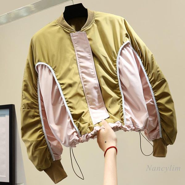

short jacket for women 2021 spring autumn korean style loose fashion retro color matching drawstring waist crop coat female, Black;brown